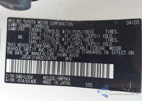 2003 Toyota Highlander Limited z USA, uszkodzony, nr VIN JTEGF21A830108799